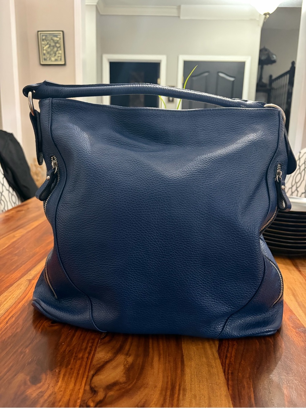 Made in Italy Women's Navy  genuine Leather Shoulder Bag - Soft Pebbled Hobo